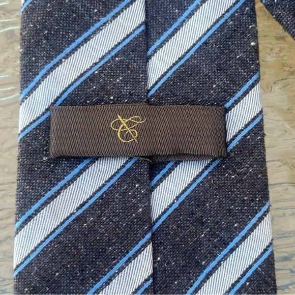 Canali Dark Grey, Silver, Blue Silk/Cotton Blend Striped Tie - Picture 4 of 8